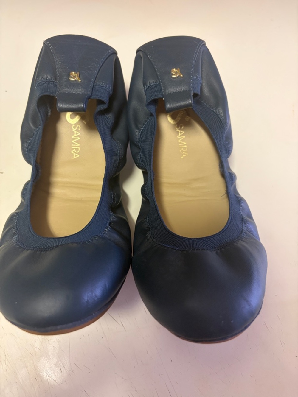 Yosi Samra Navy Blue Leather Foldable Ballet Flats